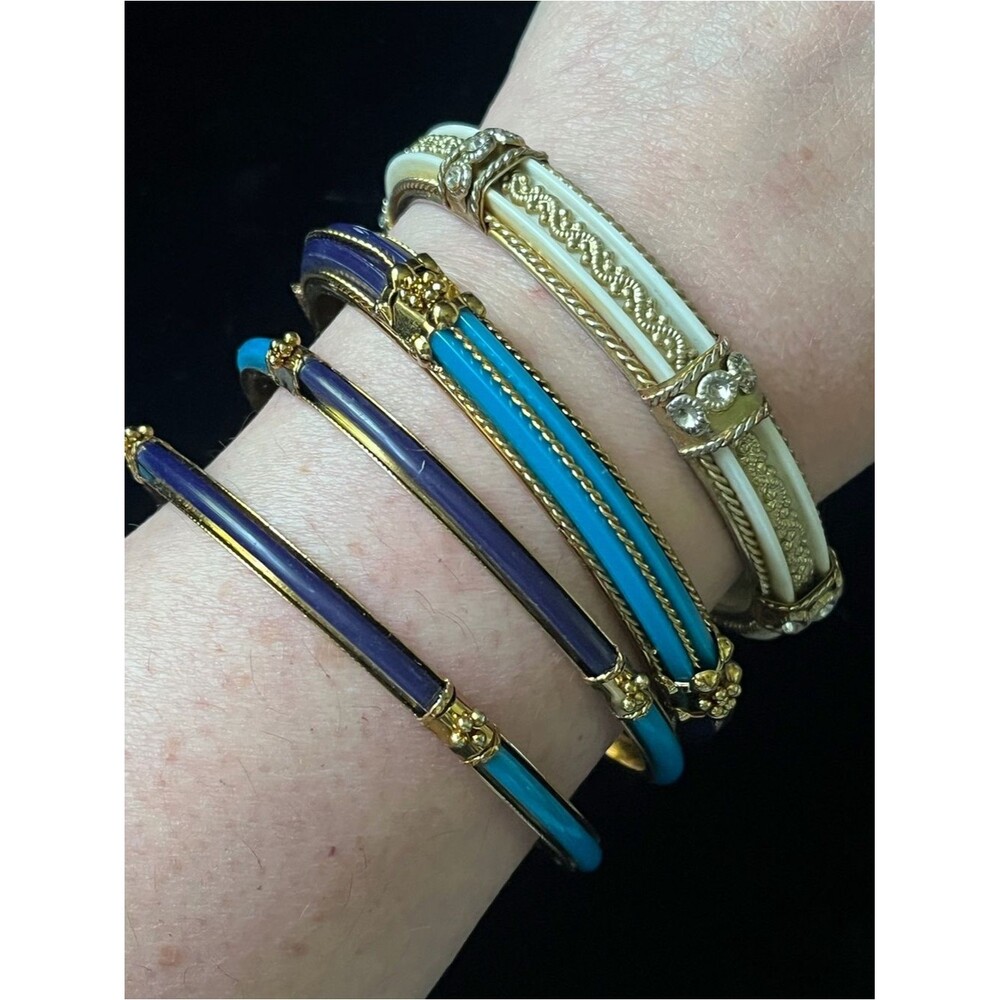 Vintage Indian Gold-Tone Bangle Bracelet Lot Blue Turquoise Ivory Rhinestone